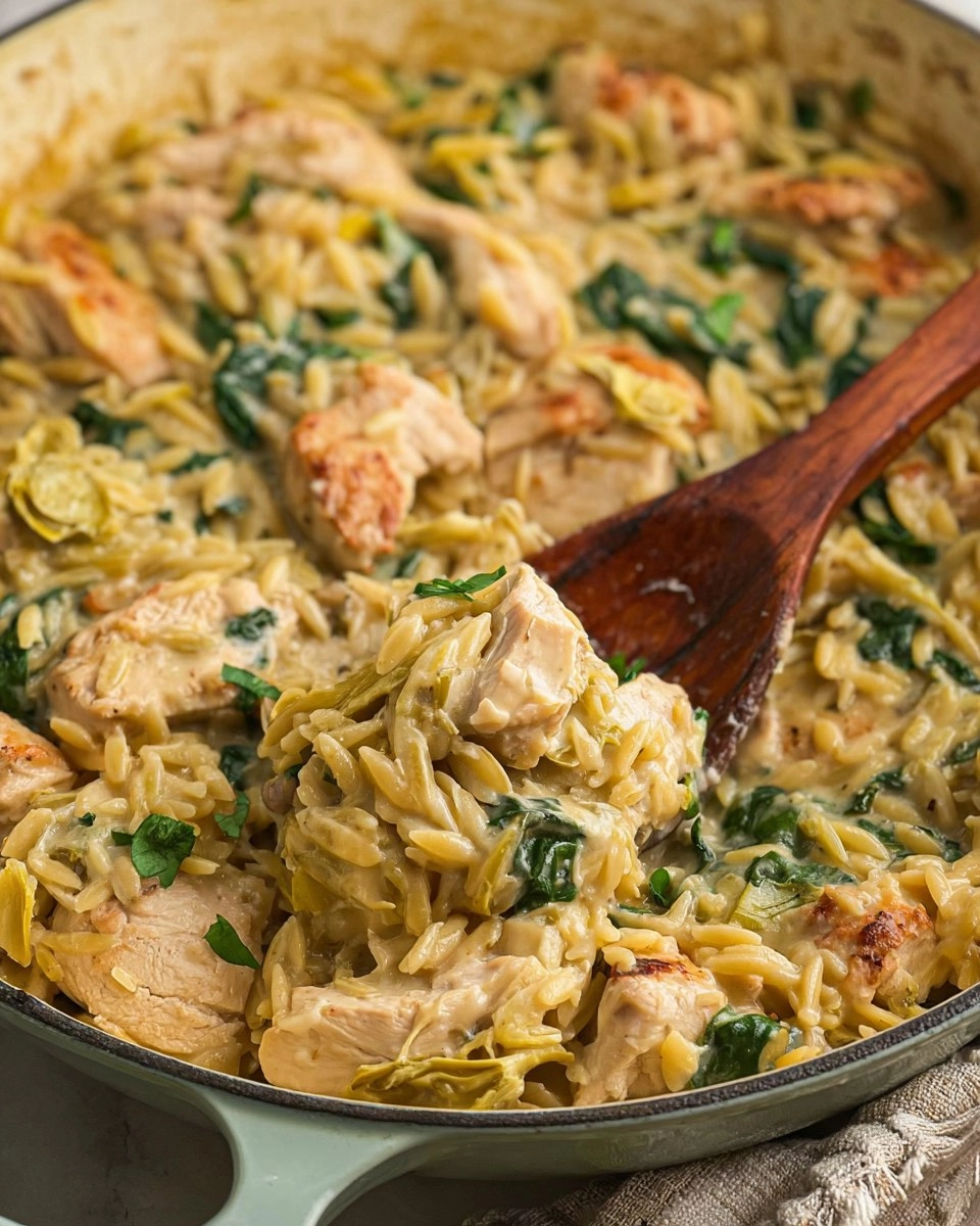 One Pan Spinach Artichoke Chicken Orzo