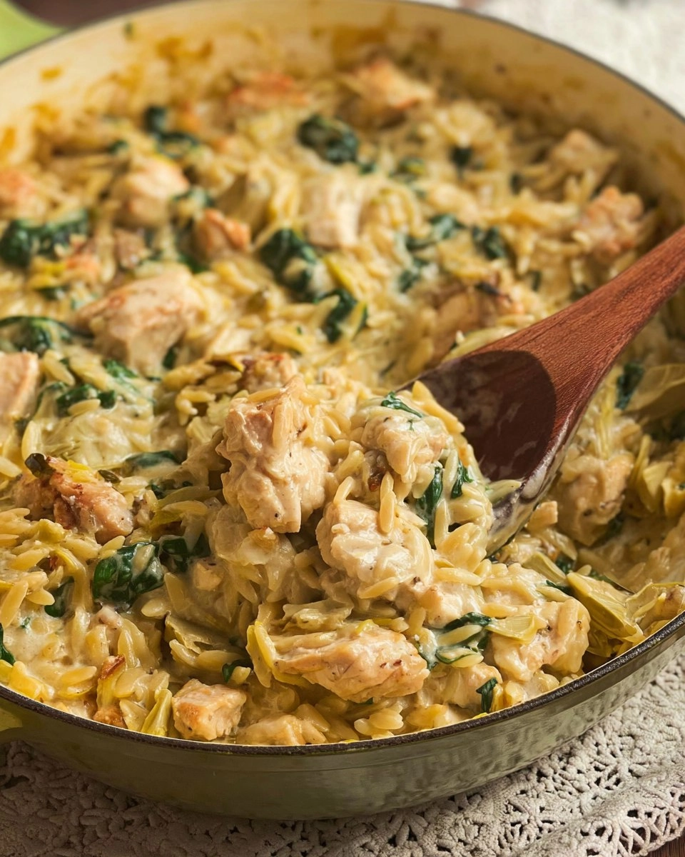 One Pan Spinach Artichoke Chicken Orzo