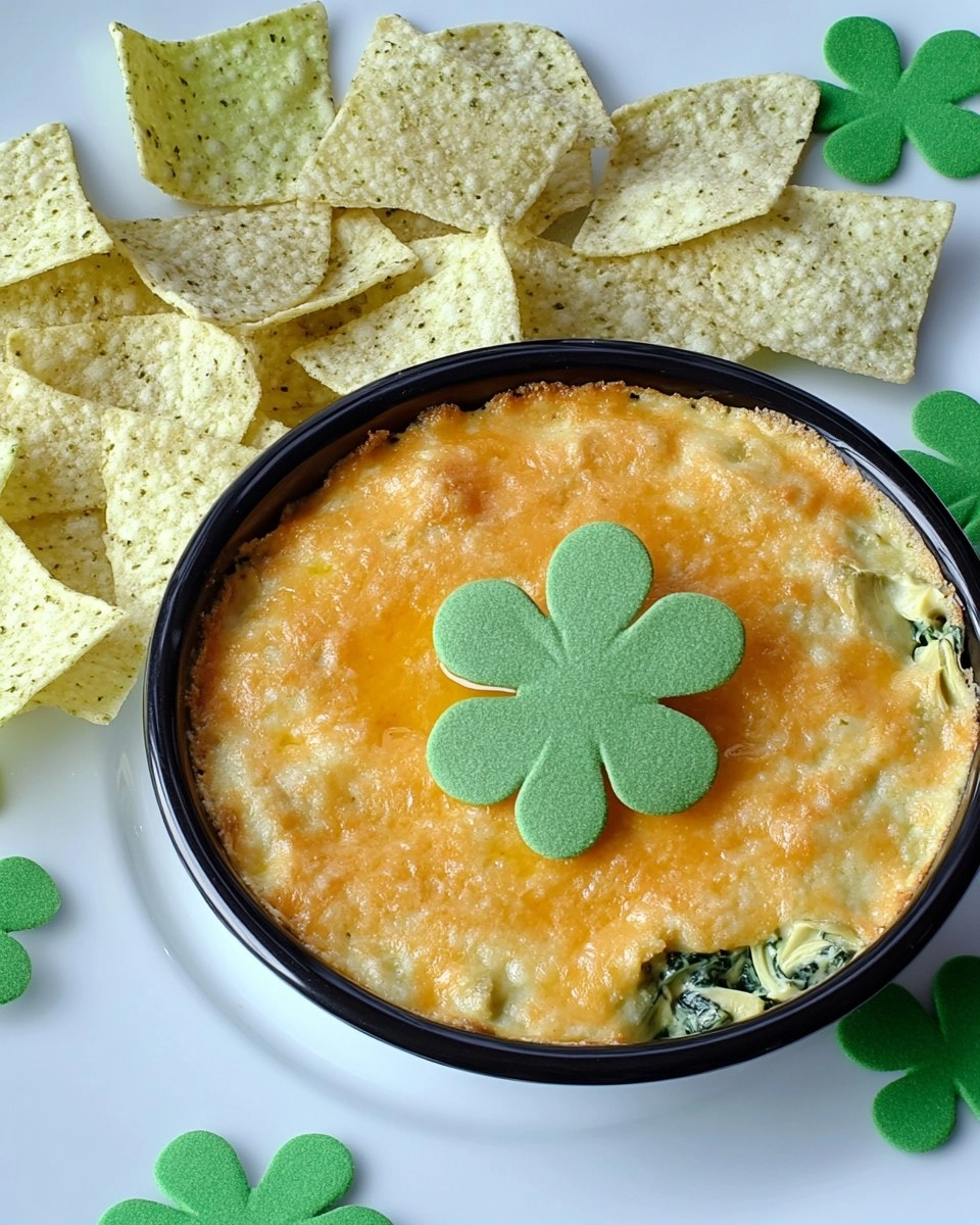 Shamrock Spinach Artichoke Dip with Green Tortilla Chips