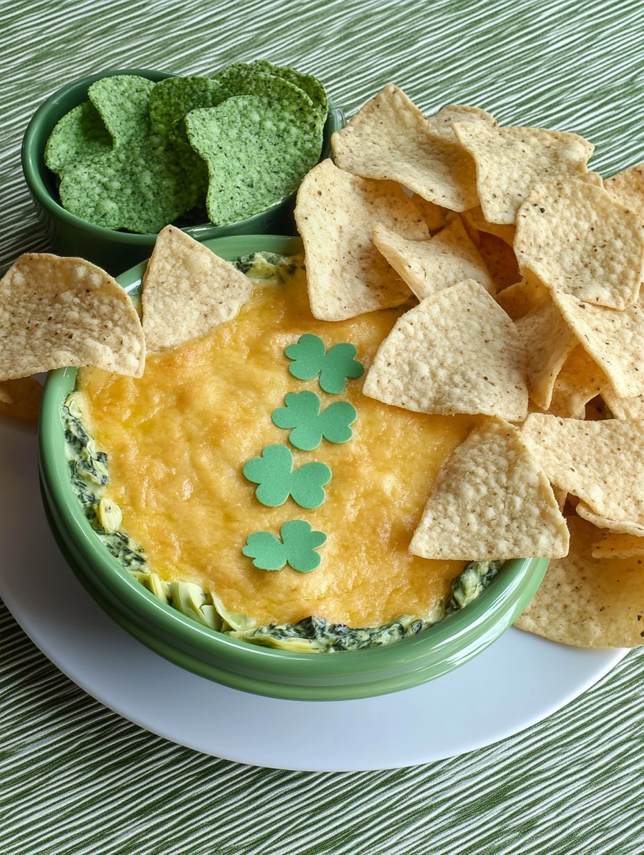 Shamrock Spinach Artichoke Dip with Green Tortilla Chips
