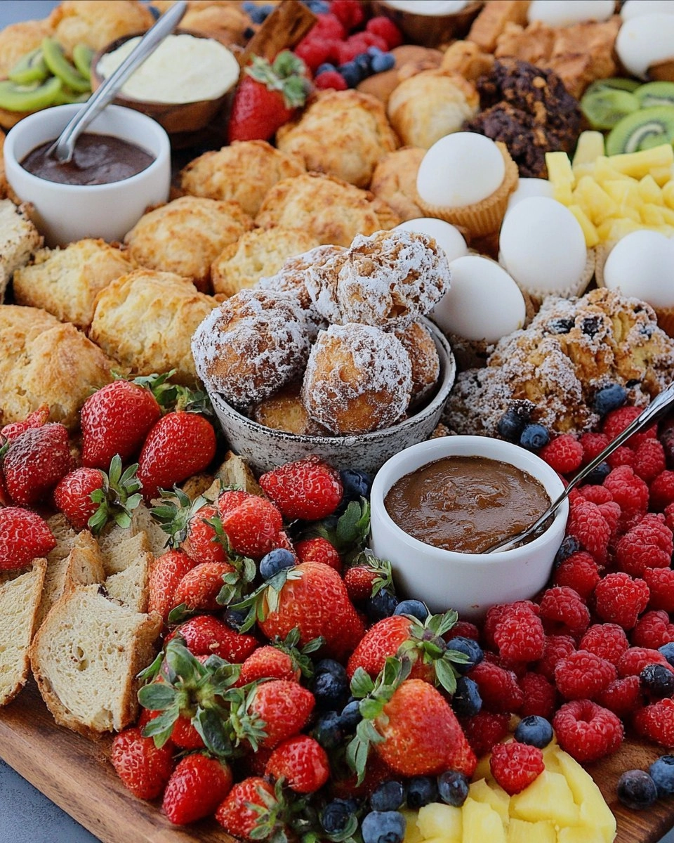 Spring Brunch Board with Eggs, Pastries, Fruit & Dips